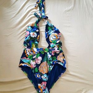 Deep V halter and backless floral swimsuit